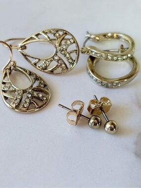 Vintage Avon Gold Tone Pave Hoop Stud & Openwork Teardrop 3-Pair Set